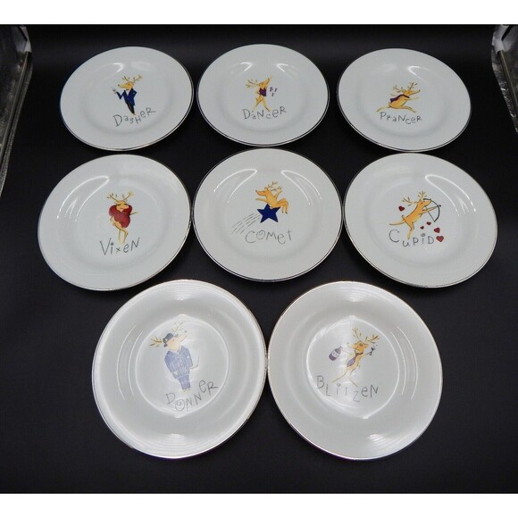 Pottery Barn Reindeer Salad Luncheon Plates Silver Rim Japan Set of 8.25 Inch - Picture 1 of 13